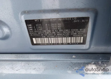 2011 Subaru Legacy 2.5I Limited from USA, damaged, VIN 4S3BMCL63B3257105